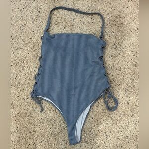 Baby Blue Ribbed Cheeky Laced Sides One Piece Swimsuit size M
